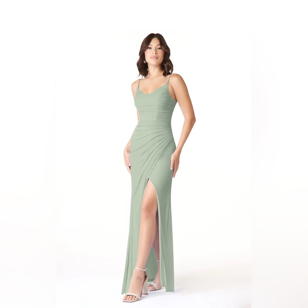 Azazie Dusty Sage Mesh Maxi Dress Deandra Size 4